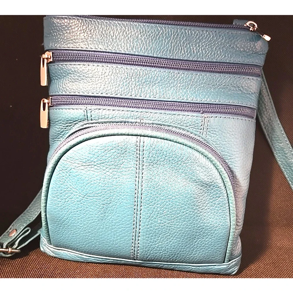 Genuine Cross Body Purse Bag, Multi-Pocket Teal Aqua Blue